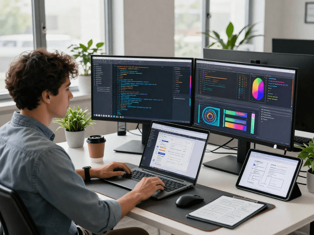 Developer at http://debet-app.com coding in a modern office with multiple screens and natural light.