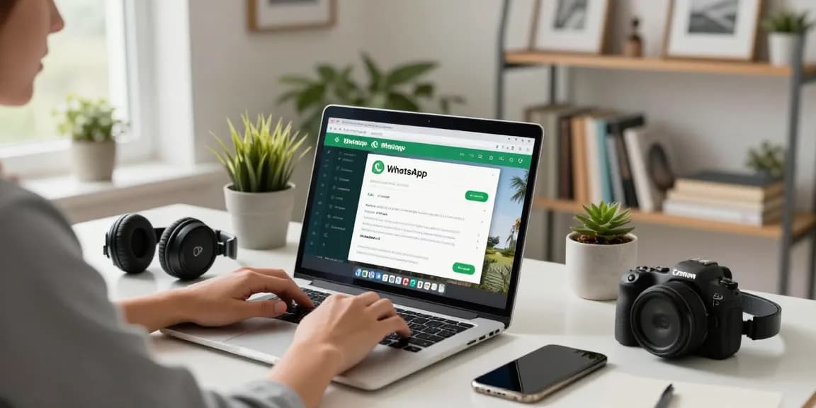 Person engaging with WhatsApp網頁版 in a stylish home office, promoting productivity and comfort.