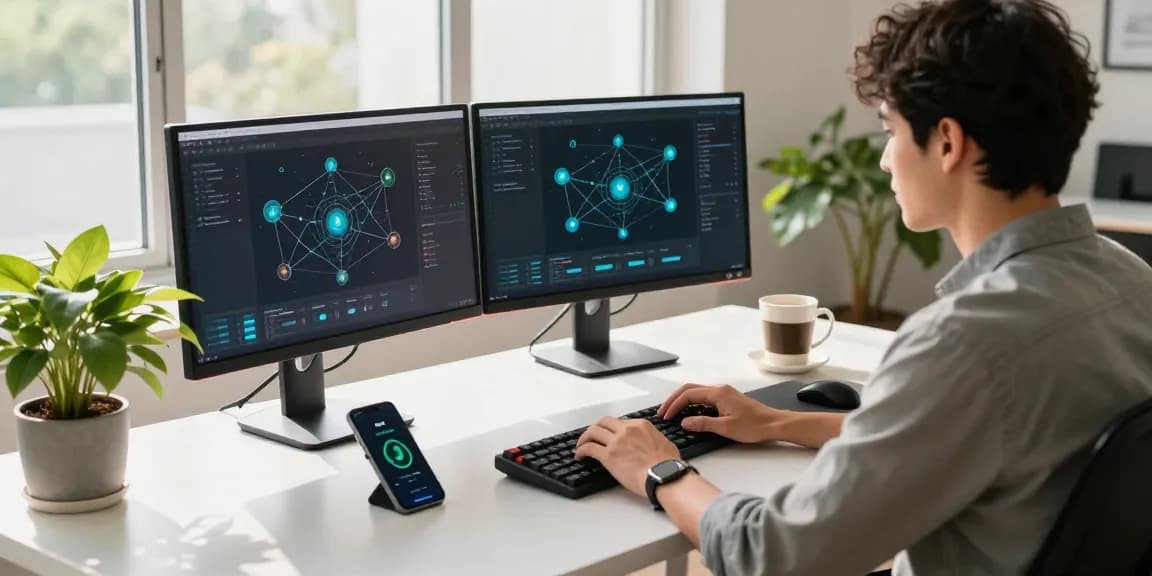 快连 network acceleration software in a modern office workspace with dual monitors and a focused professional.