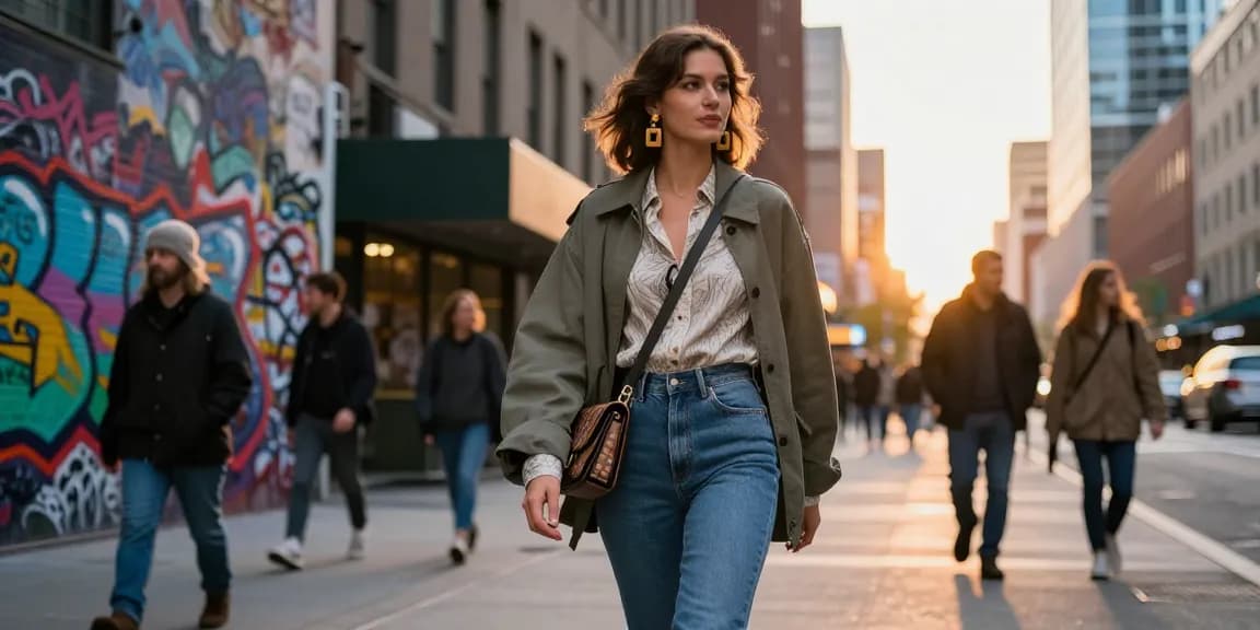 Stylish woman in urban setting showcasing modern women's fashion with trendy outfit and accessories.