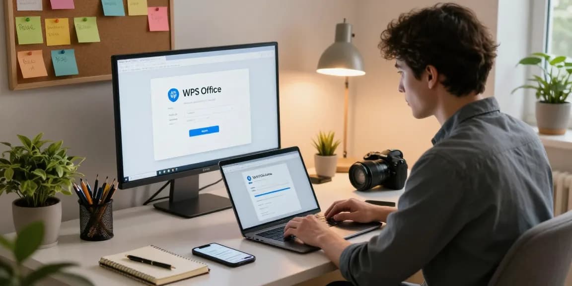 Focused individual downloading WPS Download in modern home office, featuring vibrant notes and cozy ambiance.