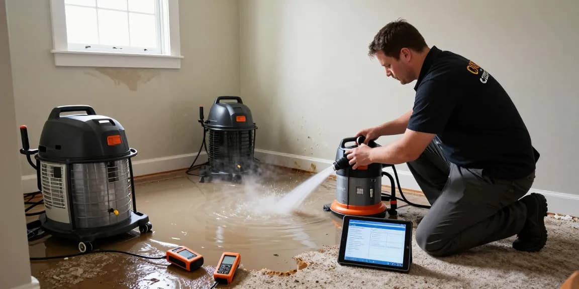 Water Damage Restoration West Vancouver: technician extracting water from a flooded basement with industrial equipment and moisture meters.