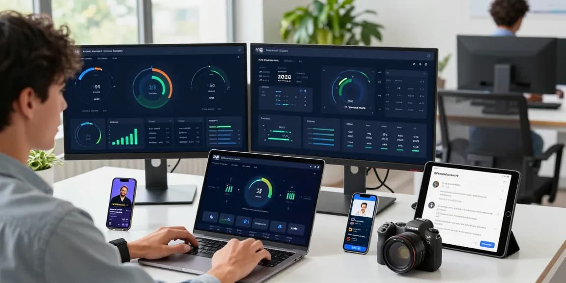 快连 network acceleration platform in a modern workspace with dual monitors.