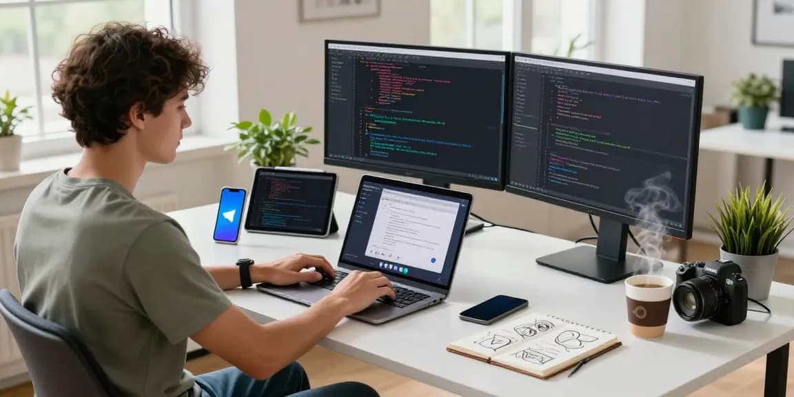 Explore Telegram下载 in an engaging tech workspace filled with gadgets and a professional using the app on multiple devices.
