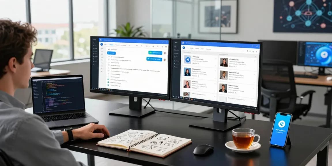 Effortless Telegram Download experience in a modern workspace featuring dual monitors showcasing vibrant chats and group conversations.
