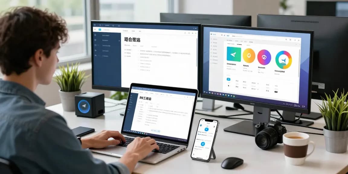 Setting up Telegram Chinese interface on modern tech workspace, showcasing language packs and notifications.