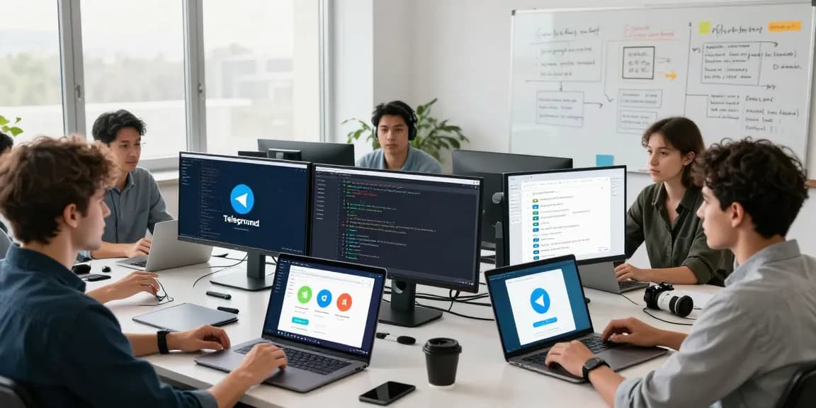 Discover seamless connections with Telegram下载 showcased through a collaborative tech workspace with diverse professionals.
