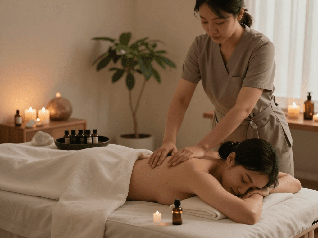 Massage therapy scene showcasing 용산출장안마 in a tranquil wellness studio with candles and greenery.