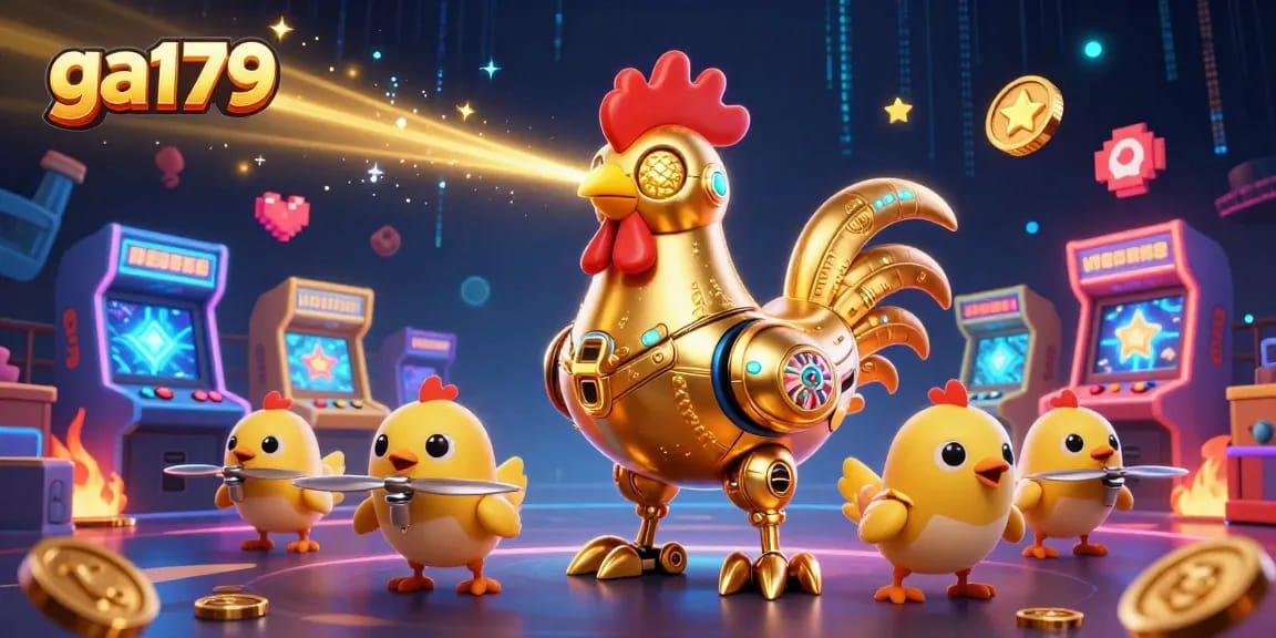 Engage in thrilling cockfighting action at GA179, featuring a golden rooster robot and dynamic game elements.