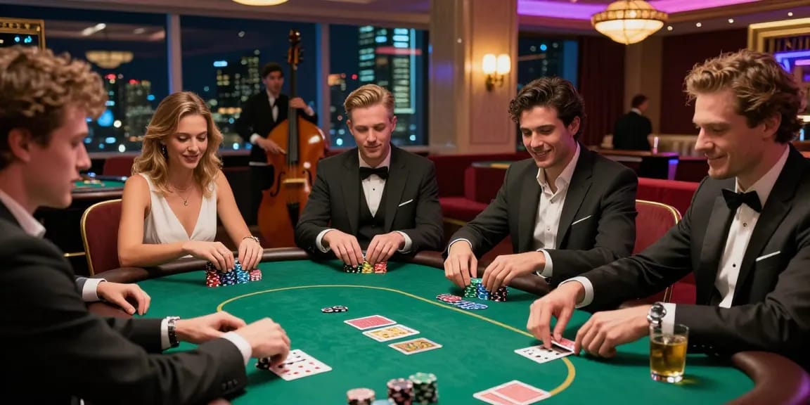 Exciting gaming moment at iwin casino, diverse players around a poker table, rich casino atmosphere.