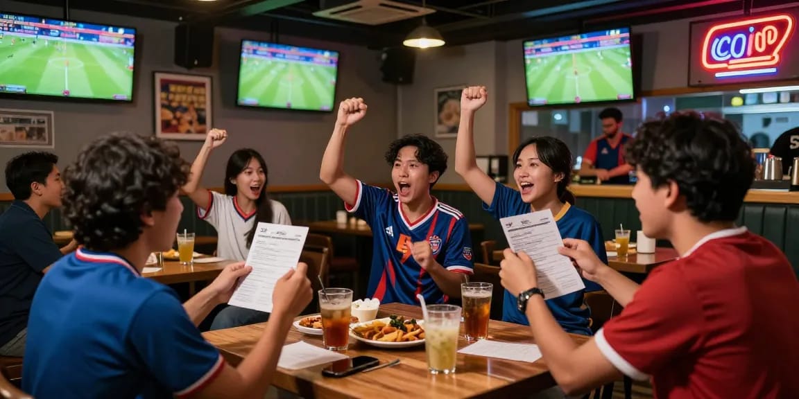 Suasana judi bola di bar olahraga dengan penggemar bersemangat menonton pertandingan langsung.