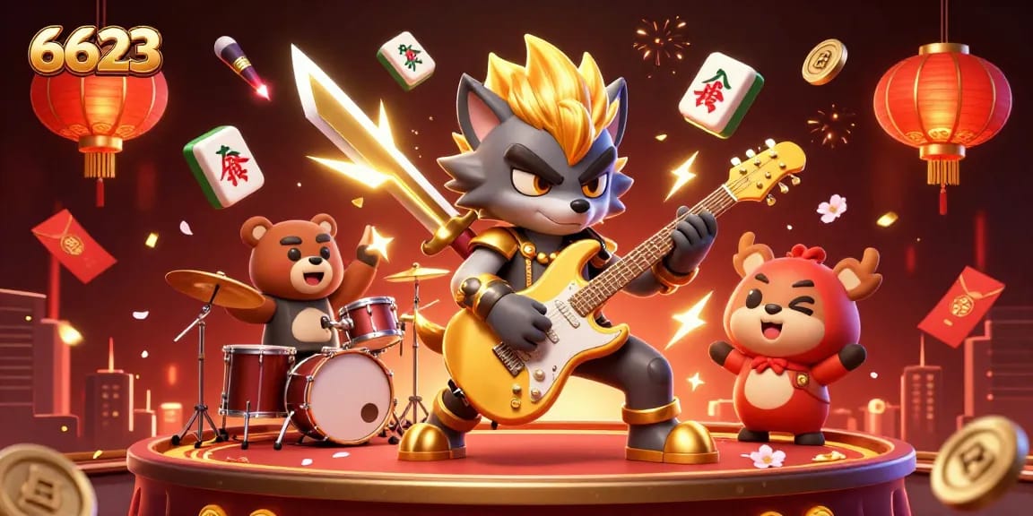 Experience thrilling casino excitement with 6623's dynamic 3D illustration featuring vibrant characters and game elements.