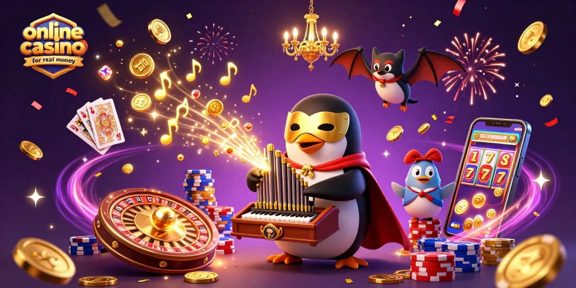 Engaging cartoon scene showcasing online casino games for real money, featuring a penguin, golden coins, and dynamic casino elements.