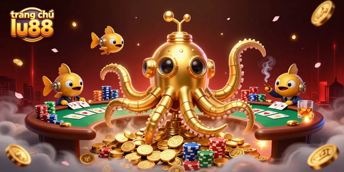 Play exciting games at trang chủ lu88 with a vibrant 3D casino scene featuring a kraken submarine.