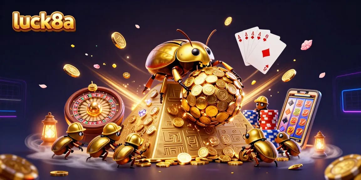 Experience luck8a with a golden beetle themed casino scene featuring dynamic gaming elements.