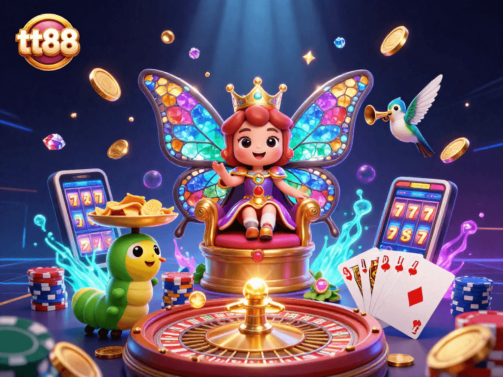 Experience the vibrant magic of tt88 with a dazzling butterfly queen in a lively casino scene.