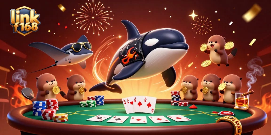 Engage with thrilling games like link f168 as a cartoon orca jumps through a vibrant casino scene filled with poker elements.