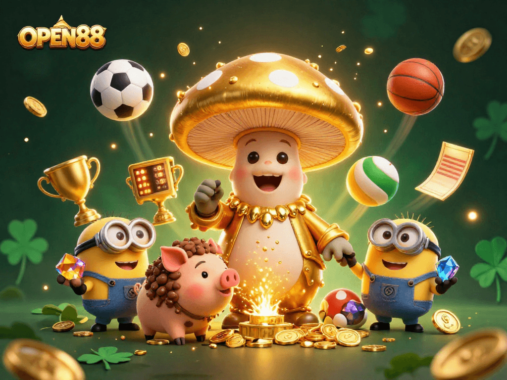 Engage with OPEN88's vibrant 3D illustration featuring sports balls and magical treasures in a casino setting.