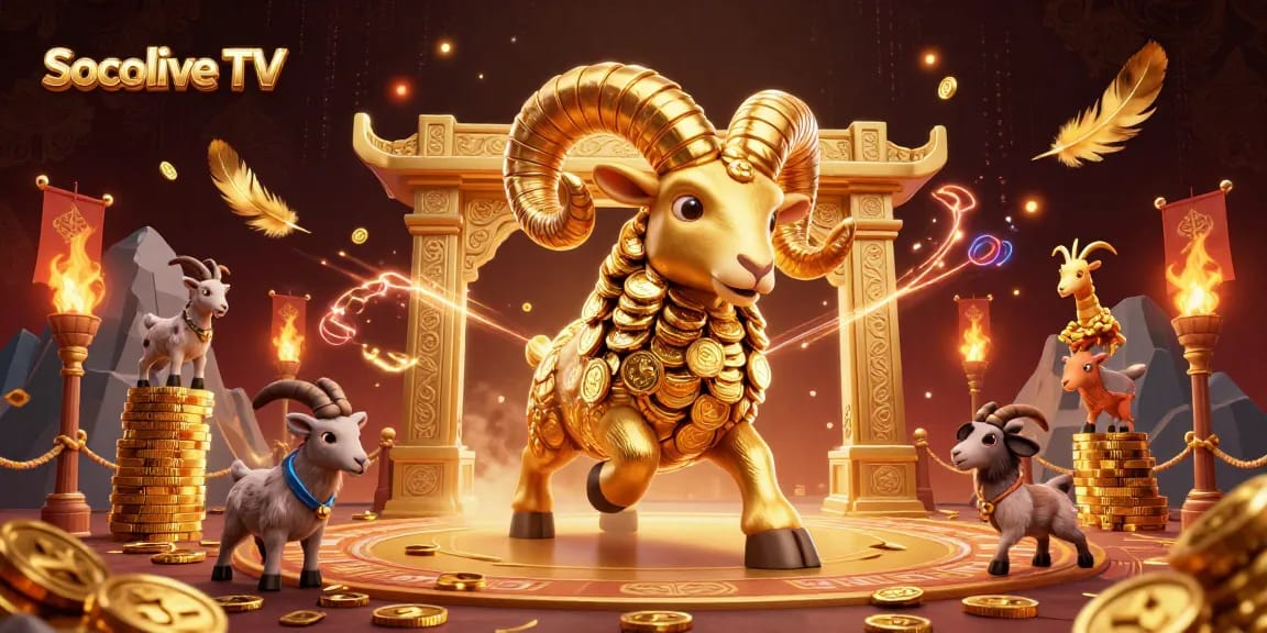 Socolive TV showcases thrilling sports betting action with a golden ram charging through a vibrant arena.