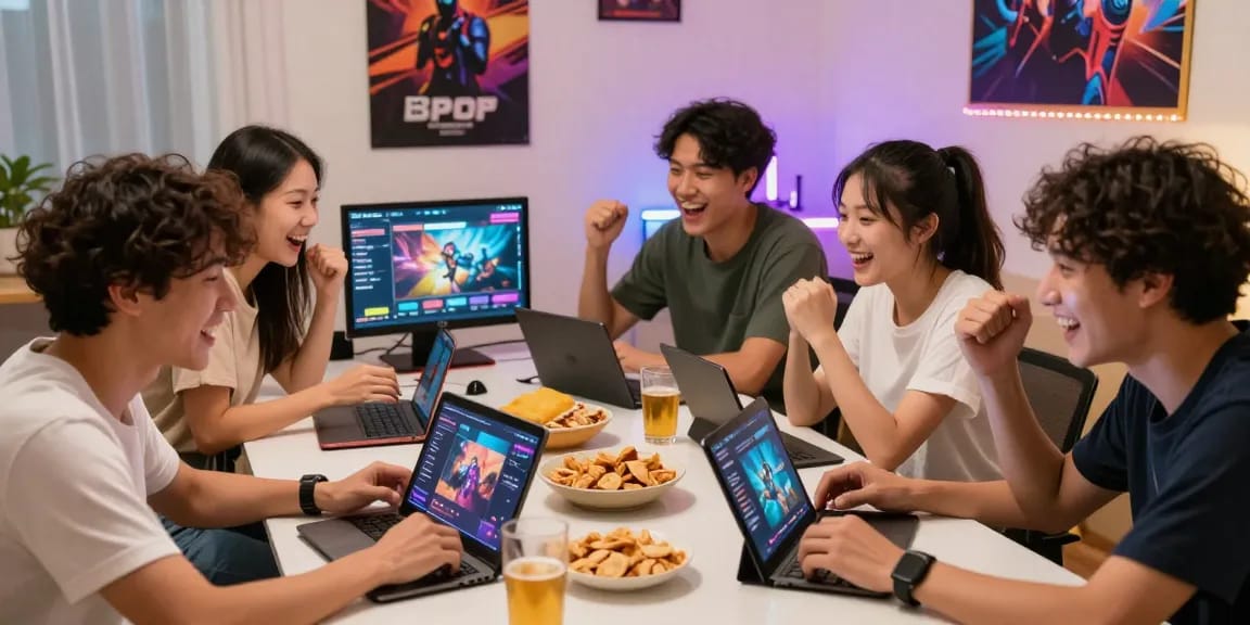Friends enjoying a lively gaming session with 68gamebai on mobile devices in a vibrant room.