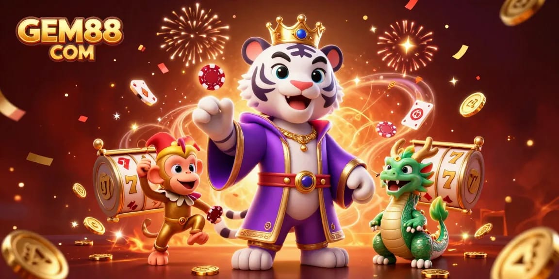 Engage with the vibrant casino scene at GEM88 COM, showcasing lively characters and rich gaming elements.
