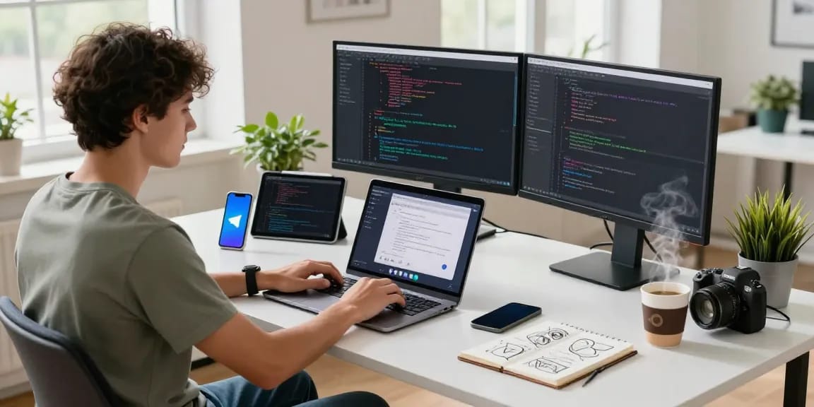 Explore Telegram下载 in an engaging tech workspace filled with gadgets and a professional using the app on multiple devices.