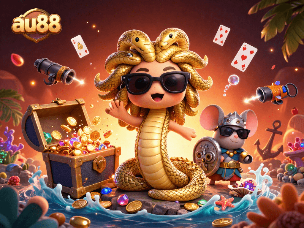 Experience thrilling gambling at au88 with a playful Medusa and a warrior mouse amid treasure chests and cards.