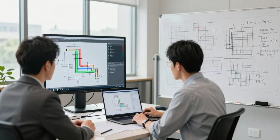 Piping Stress Analysis Canada in a modern engineering office surrounded by blueprints and simulation screens.