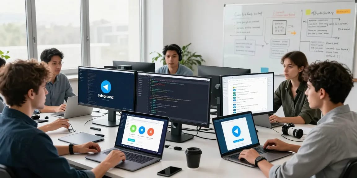 Discover seamless connections with Telegram下载 showcased through a collaborative tech workspace with diverse professionals.