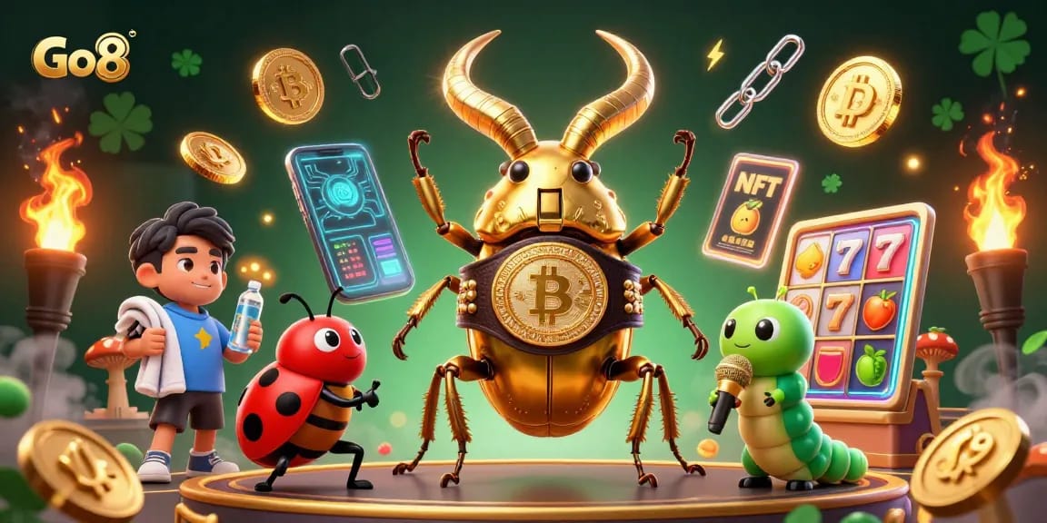 Engage with Go8 in this vibrant 3D illustrated casino scene featuring a golden stag beetle champion.