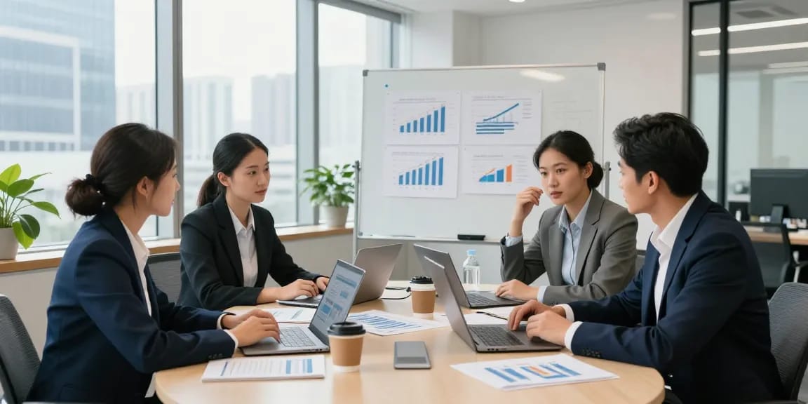 Accounting services for small business team meeting in a modern office, diverse professionals analyzing financial strategies.