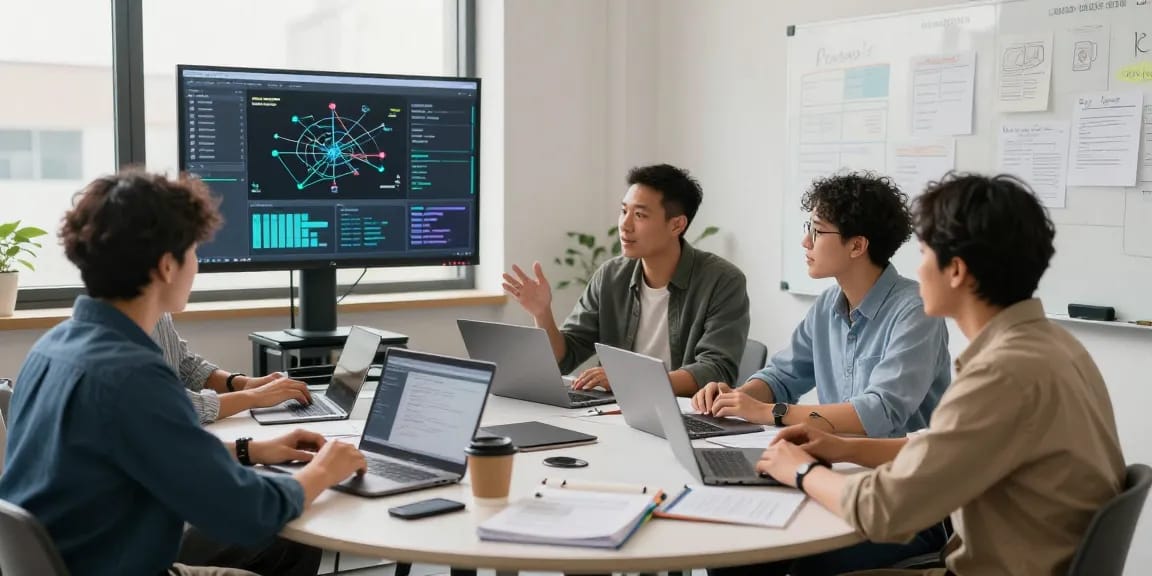 Remote IT support for small business team collaborating in a modern office setting with technology tools and documents.