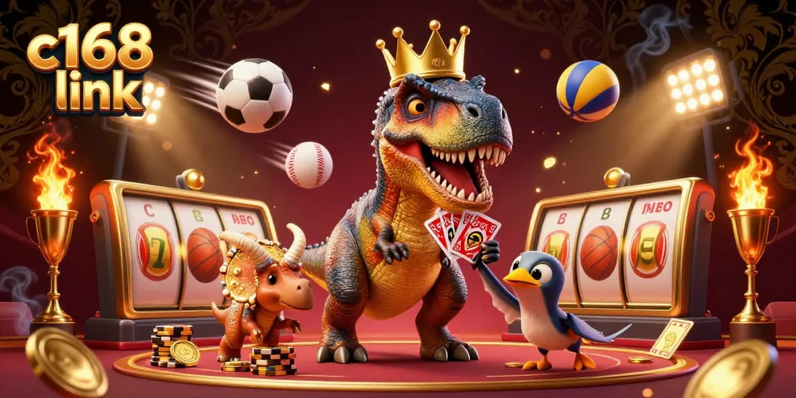 Engage with the excitement at c168 link as T-Rex plays cards with golden chips in a vibrant casino setting.