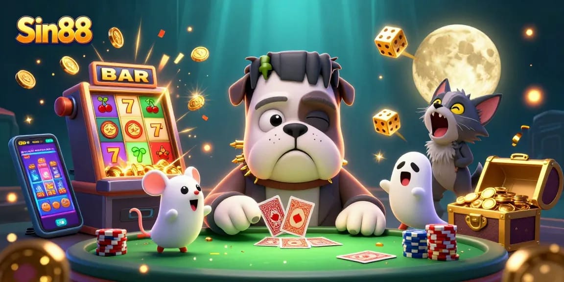 Experience the excitement of Sin88 with a 3D bulldog dealer, slot machines, and big wins!