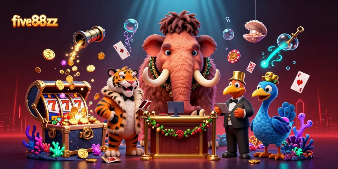 Experience the thrill of winning at five88zz with a vibrant digital casino scene featuring unique characters.
