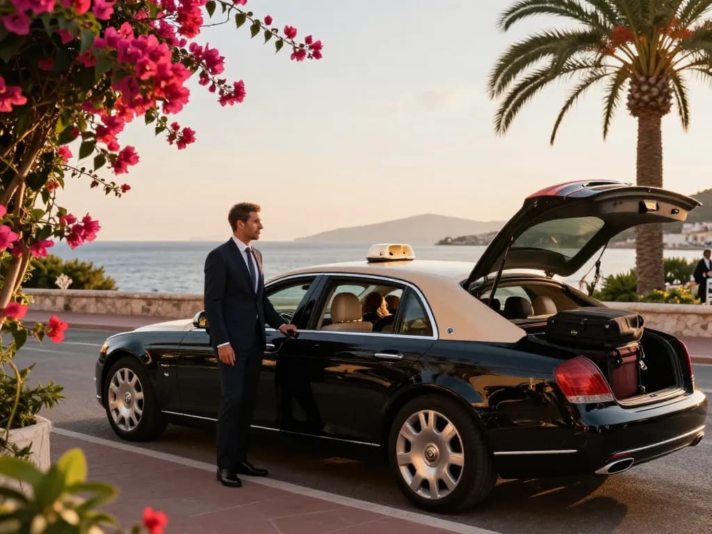 Service de taxi St Tropez avec une berline de luxe et un chauffeur professionnel sur fond de coucher de soleil sur la Côte d'Azur.