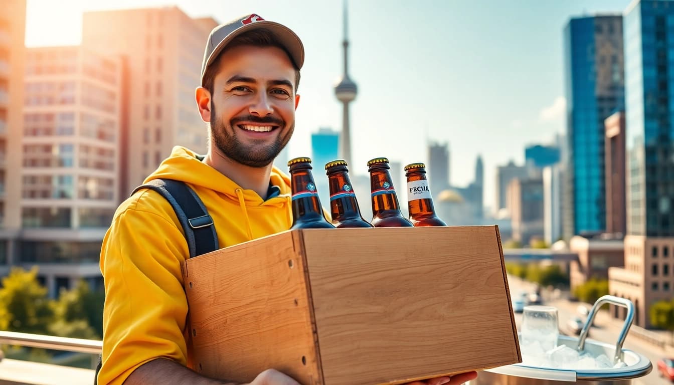 Experience convenient beer delivery Toronto with a friendly delivery person holding crafted beers.