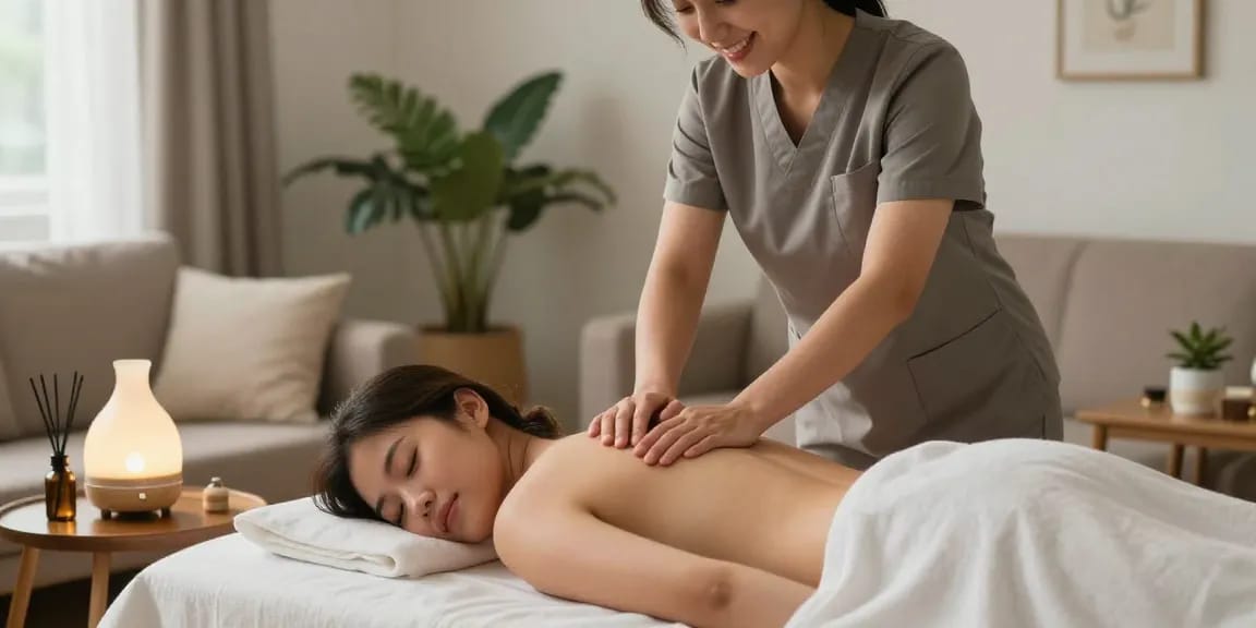 Relaxing at-home 광명출장마사지 experience with a professional therapist, cozy atmosphere, and calming aromas.