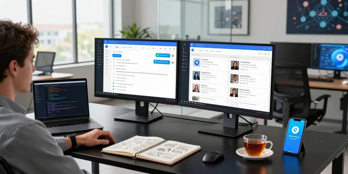 Effortless Telegram Download experience in a modern workspace featuring dual monitors showcasing vibrant chats and group conversations.