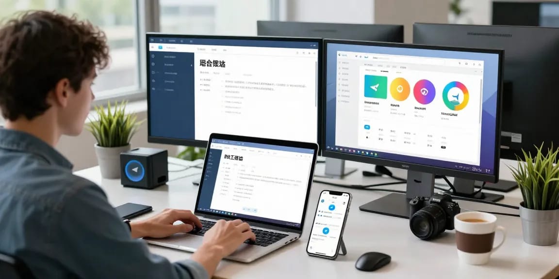 Setting up Telegram Chinese interface on modern tech workspace, showcasing language packs and notifications.