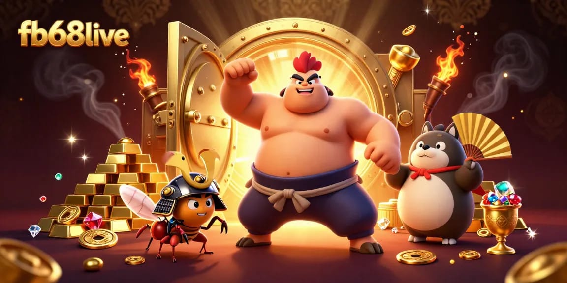Join the excitement at fb68live with a vibrant casino scene featuring unique characters and golden treasures.