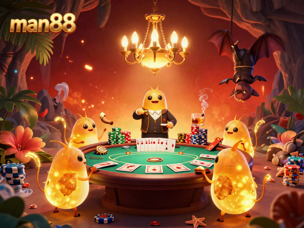 Experience the thrilling ambiance of man88 casino with bioluminescent glowworms lighting up a vibrant poker scene.