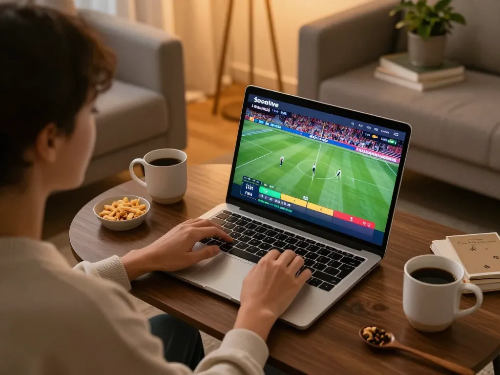 Socolive live sports streaming setup in a cozy living room with laptop showing matches.