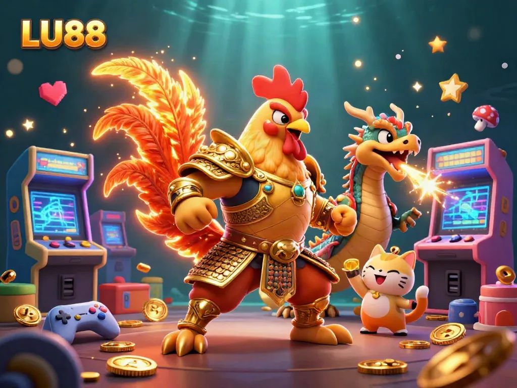 LU88 interactive gaming scene with a cartoon rooster warrior and dragon, embodying online betting excitement.