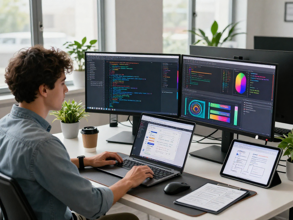 Developer at http://debet-app.com coding in a modern office with multiple screens and natural light.