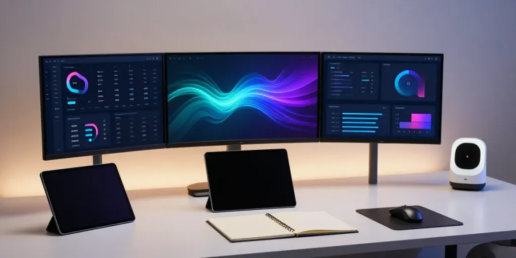 platforme de marketing d’influence showcased in a modern tech workspace with advanced software and digital devices.