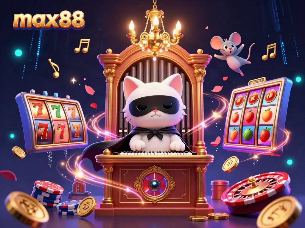 Engage with max88's casino excitement featuring vibrant slot reels and animated characters in 3D.