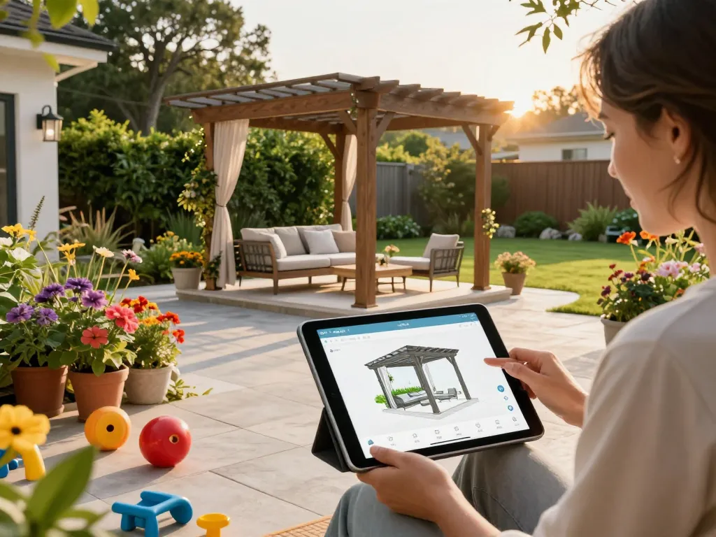 3D Pergola Configurator in action, showcasing AR design and customization options in a beautiful backyard.