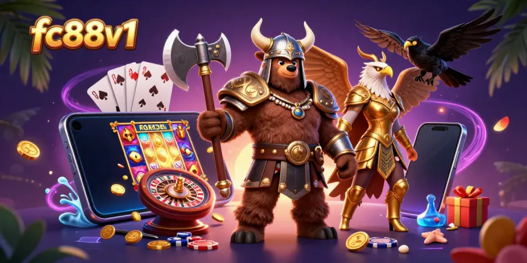 Experience the thrill of fc88v1 with vibrant 3D casino gaming elements in an action-packed scene.