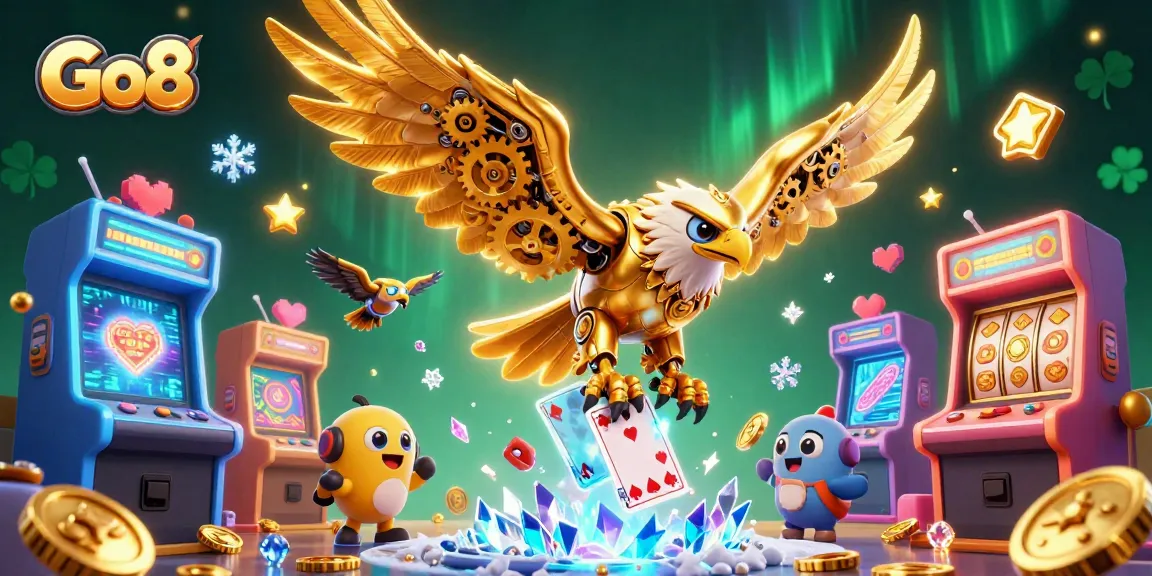 Go8 showcases thrilling gaming excitement with an eagle amidst colorful arcade elements and glowing slot machines.